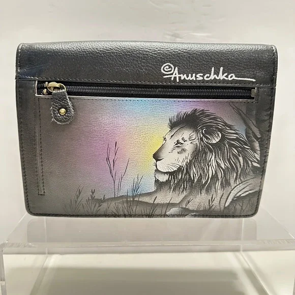 Anuschka Hand Painted Leather Lion Crossbody Wallet Clutch Artisan Black Multi - Picture 2 of 14